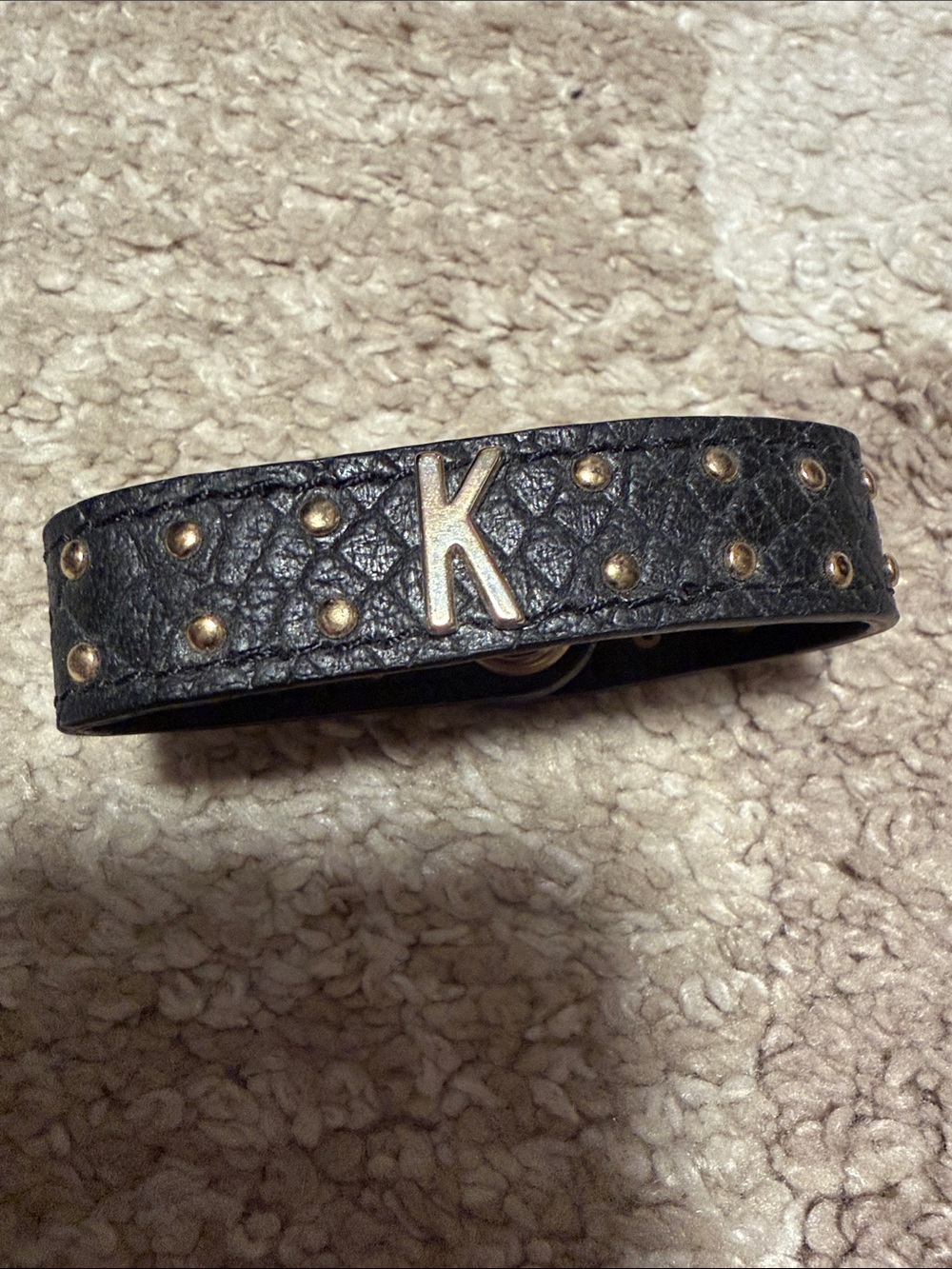 Rebecca Minkoff studded leather strap bracelet, initial K, black and gold NWOT!